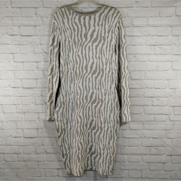 L Express Womens Cream Taupe Zebra Print Curvy Long Sleeve Midi Sweater Dress L - Picture 8 of 15